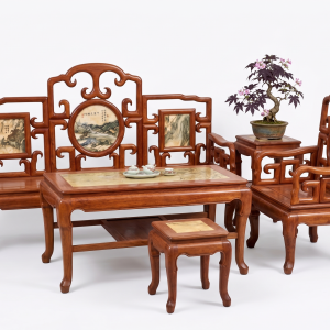 BỘ BÀN GHẾ TRÀ MINH ĐƯỜNG CẨN ĐÁ – GỖ GÕ ĐỎ TỰ NHIÊN