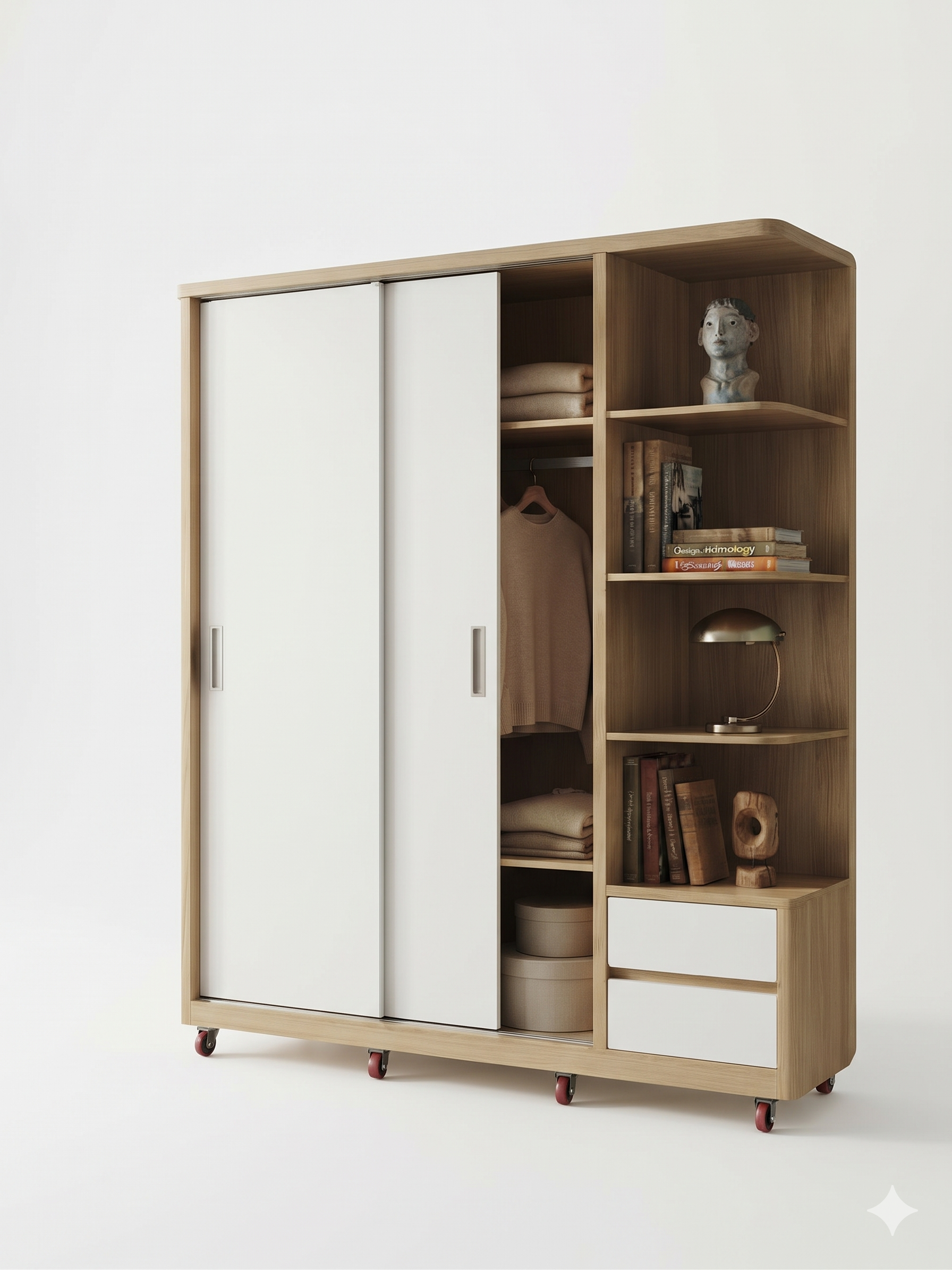 TỦ QUẦN ÁO MDF CAO CẤP CỬA LÙA KÈM KỆ TRANG TRÍ ĐA NĂNG