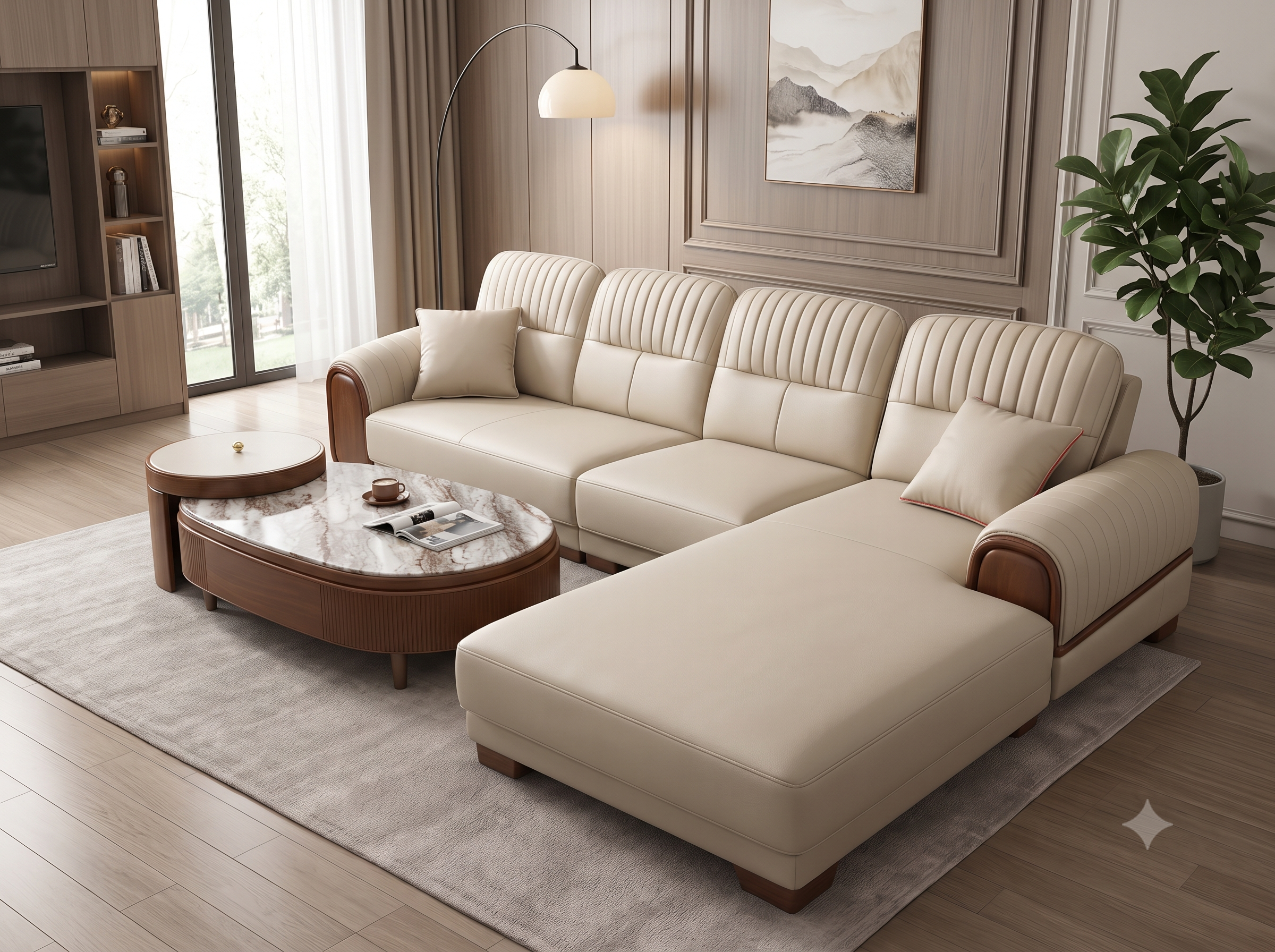 BỘ SOFA GÓC L BỌC DA CAO CẤP KÈM BÀN TRÀ THÔNG MINH MẶT ĐÁ - Ảnh 3